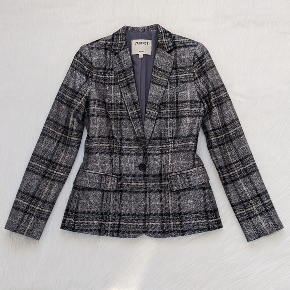 L'Agence Diana Silver Metallic Plaid Skinny Lapel Blazer | Size 0 - Picture 6 of 16
